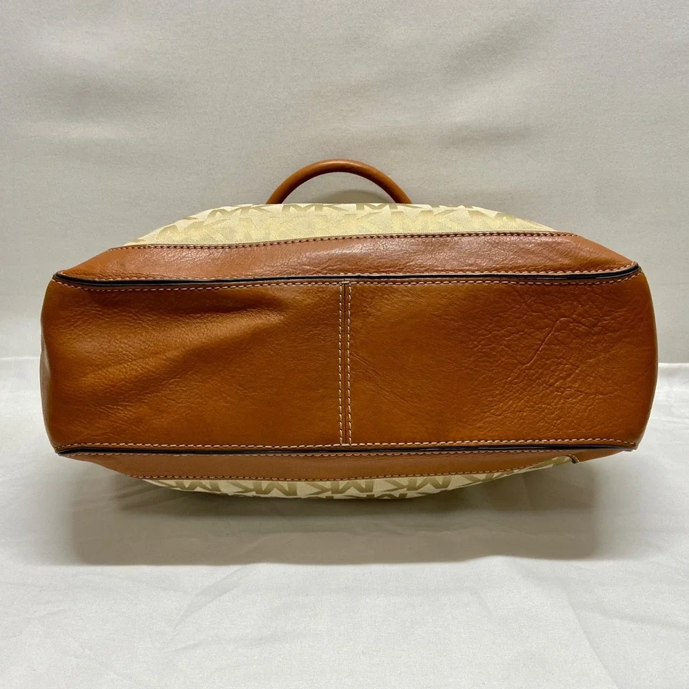 Michael Kors Brookville Large Tote Bag MK Saddle Khaki Canvas Brown Leather EUC